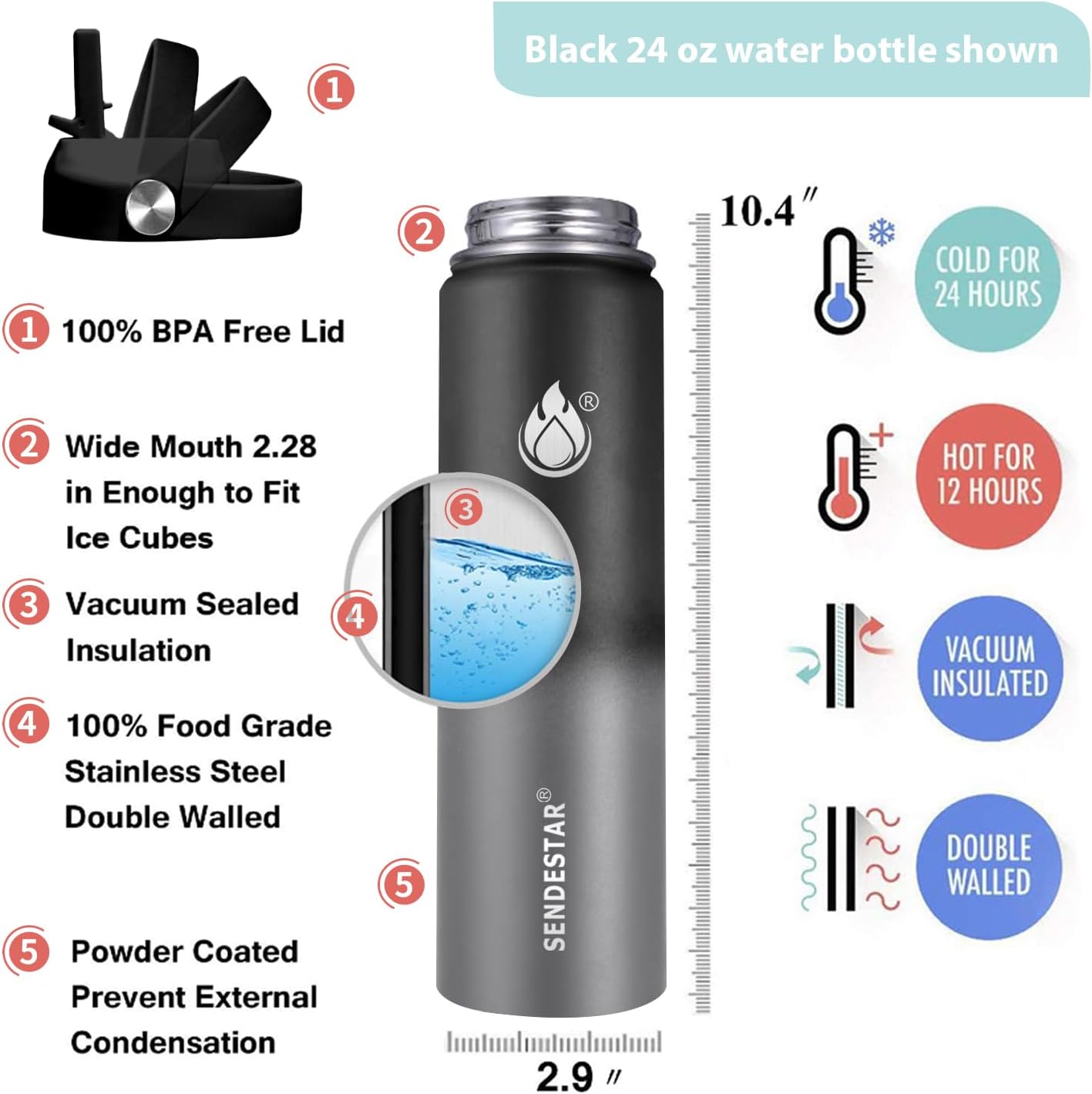 SENDESTAR Insulated Water Bottle 24 oz