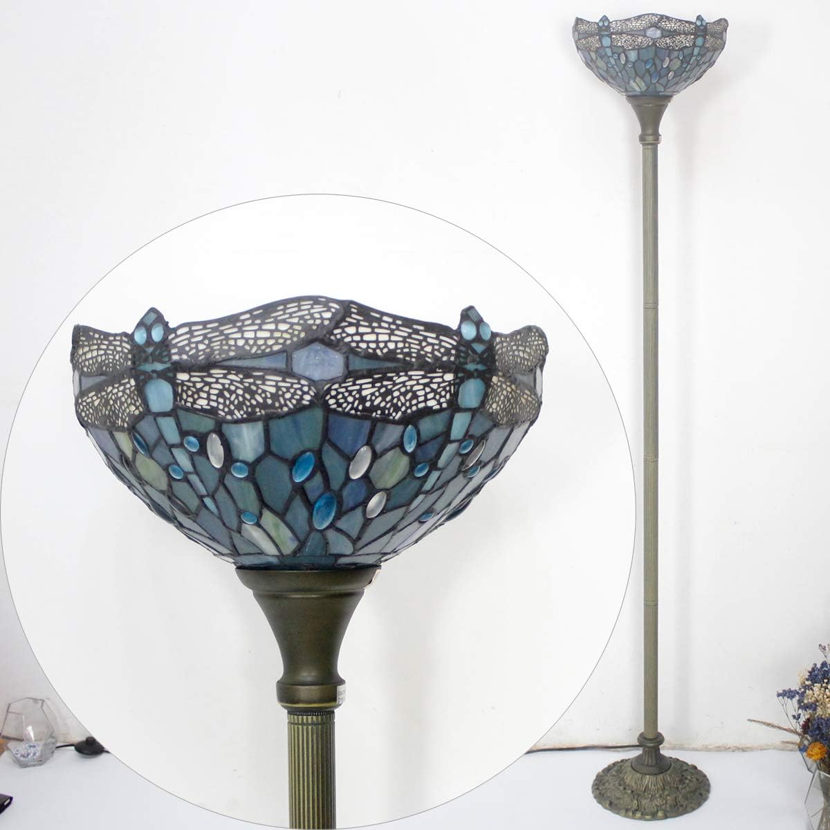 WERFACTORY Tiffany Floor Lamp Sea Blue Stained Glass Torchiere Pole Light | 12X12X71 Inches Dragonfly Standing Corner Torch Uplight Decor Bedroom