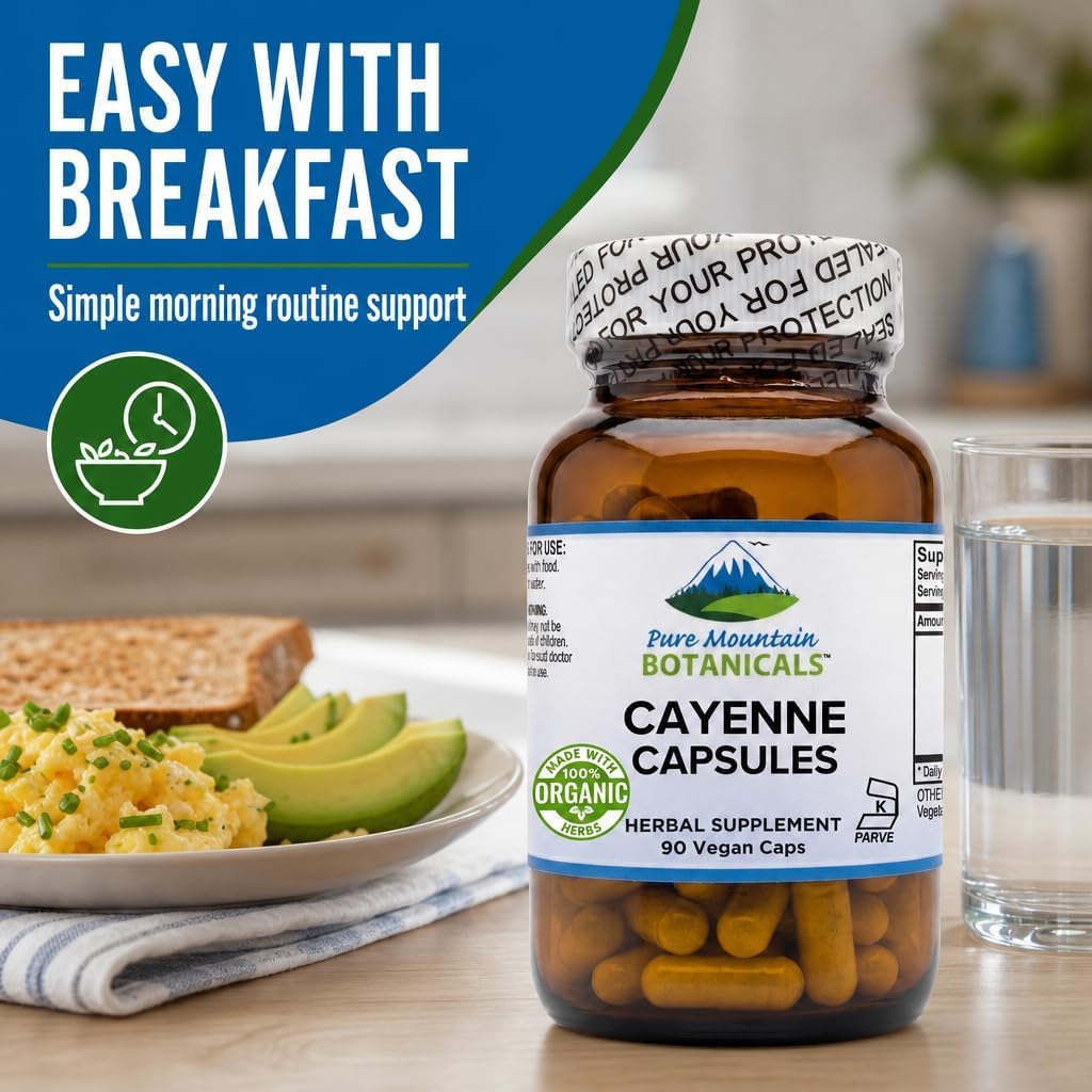 Pure Mountain Botanicals Cayenne Pepper Capsules - 500mg Organic, 90 Ct | Vegan, Kosher Certified, Gluten-Free, Capsaicin 40000-60000 HU
