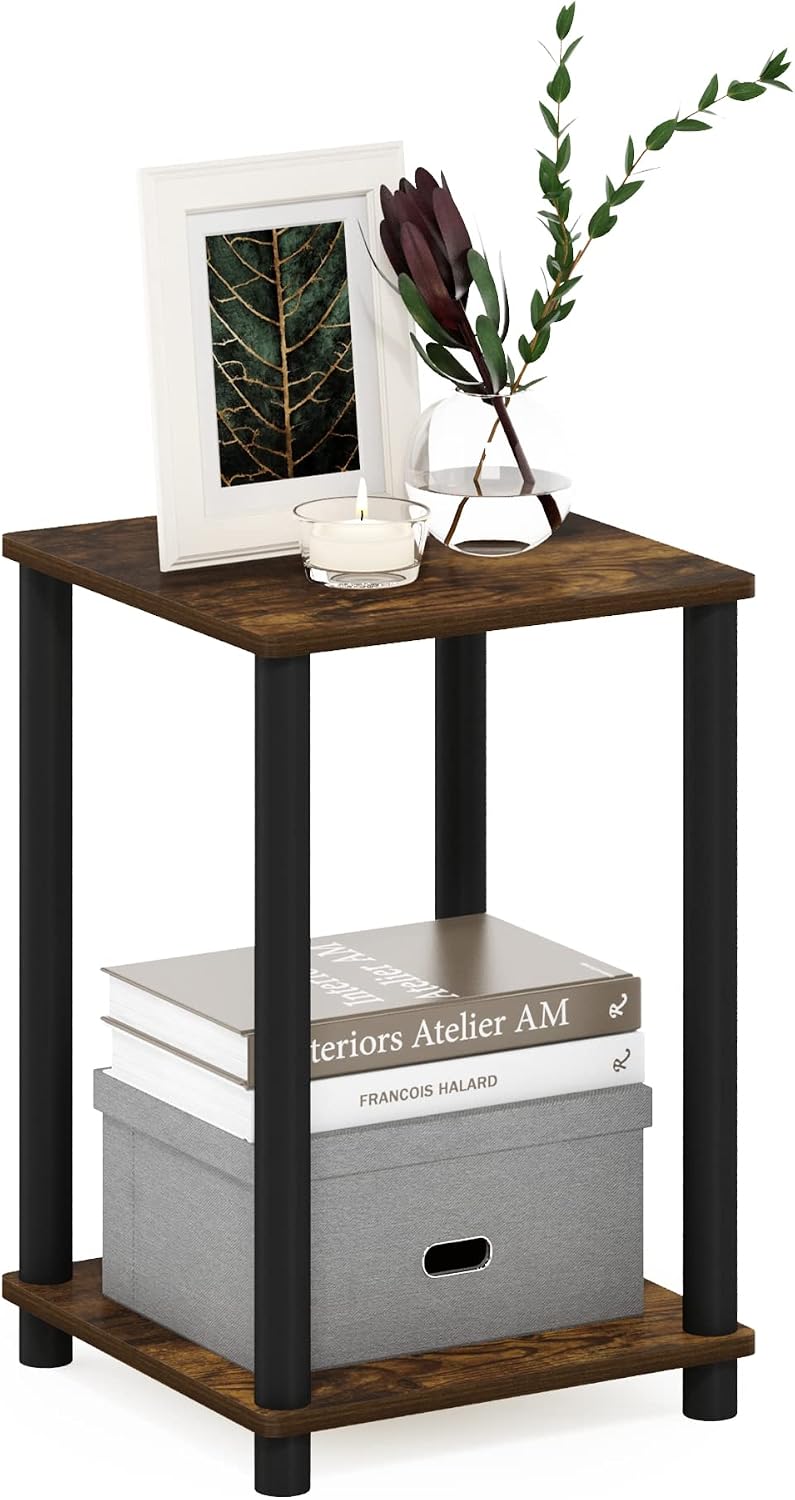 Furinno Turn-N-Tube End Table Corner Shelves, Set of 2, Dark Cherry/Black | Stackable Modern End Table with Open Shelf, Night Stand, Bedside Table, for Living Room, Bedroom
