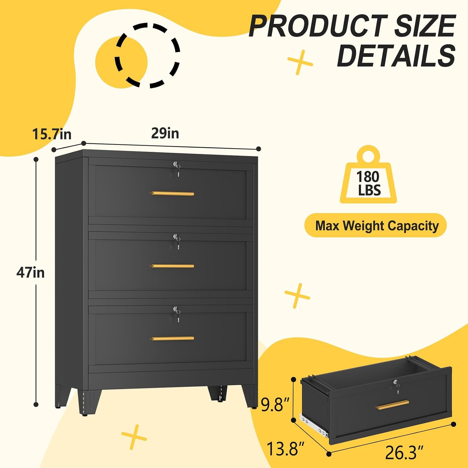 3 Drawer File Cabinet, Office Mobile Filing Cabinet, Printer Stand | All-in-One Office Storage, 3 Storage Drawers, 2 Adjustable Shelves, Lockable Cabinet, 4 Casters, 46.5-Inch Top
