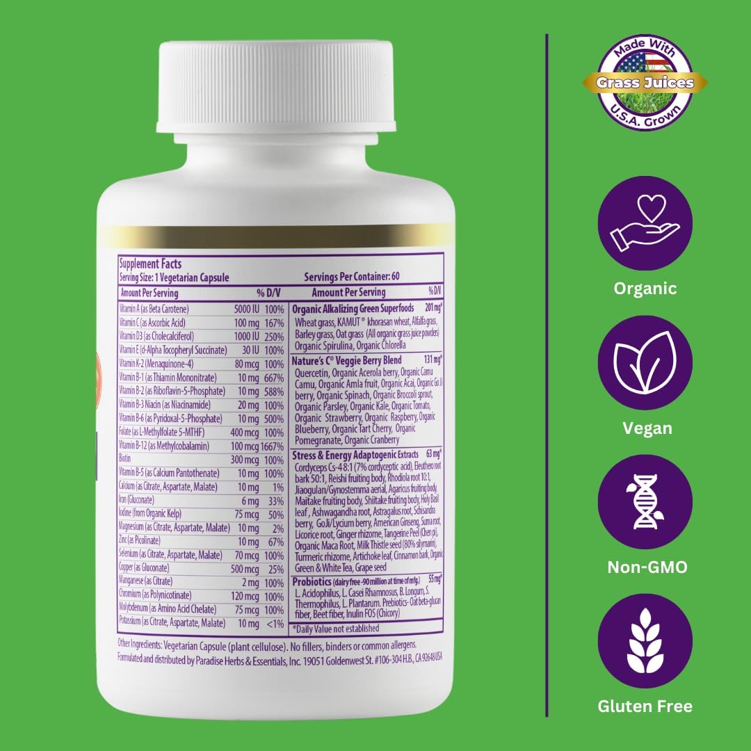 Paradise Herbs & Essentials Once Daily Multivitamin Iron 60 Capsules | Organic superfoods, probiotics, and vitamins A, B12, C, D, K2 in a dietary supplement for immune and bone support.