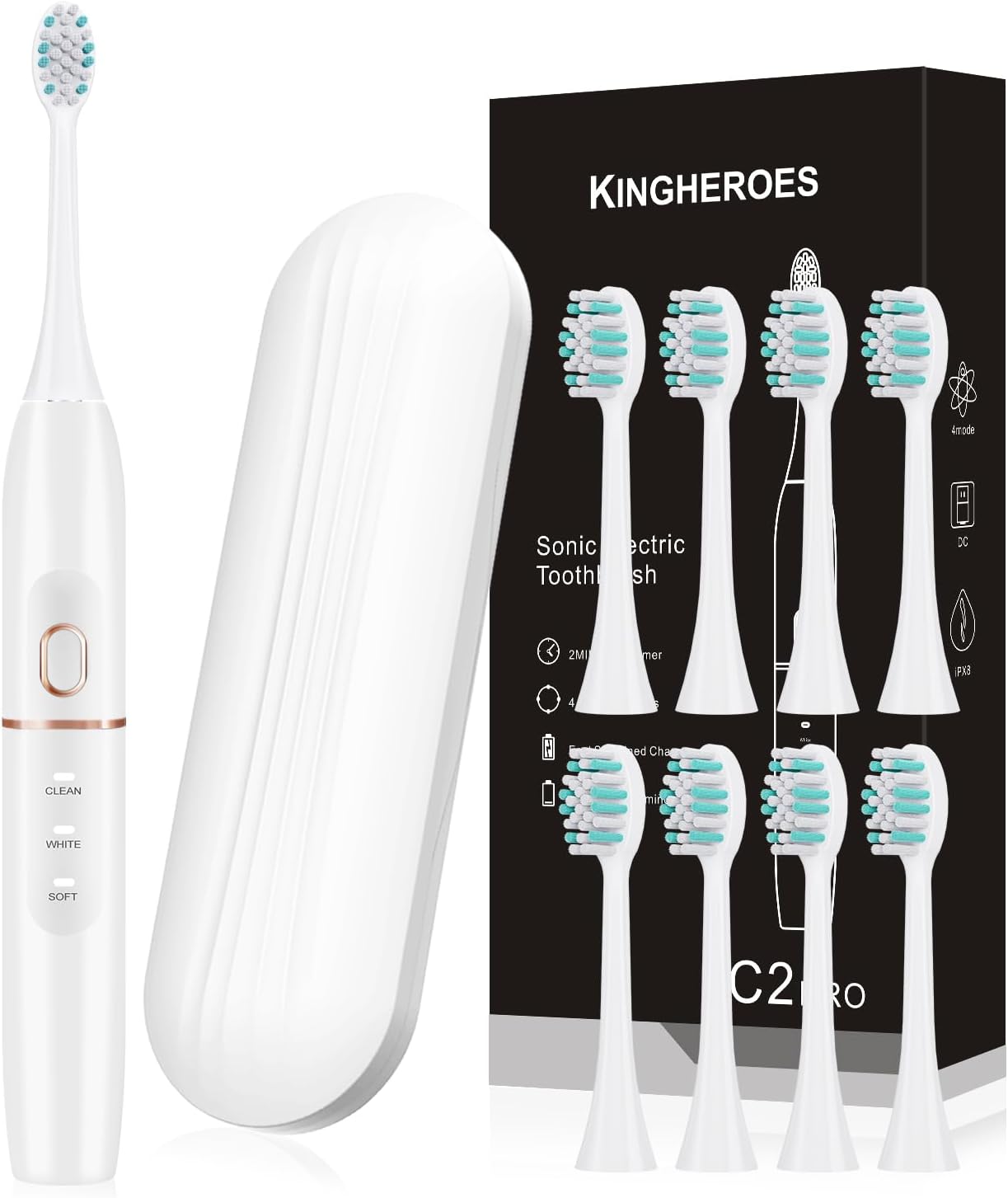 kingheroes Electric Toothbrush Set, Comes with 8 Brush Heads & Travel Case, 4 Modes with 2 Minutes Built in Smart Timer, One Charge for 60 Days