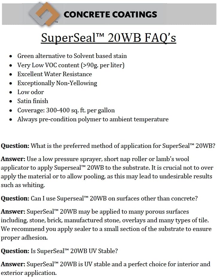 CC Concrete Coatings SuperSeal 20WB | Satin Finish | 1 Gallon | Water-Based Acrylic Concrete Sealer, Quick Drying, Non-Yellowing, Safe & Easy to Use