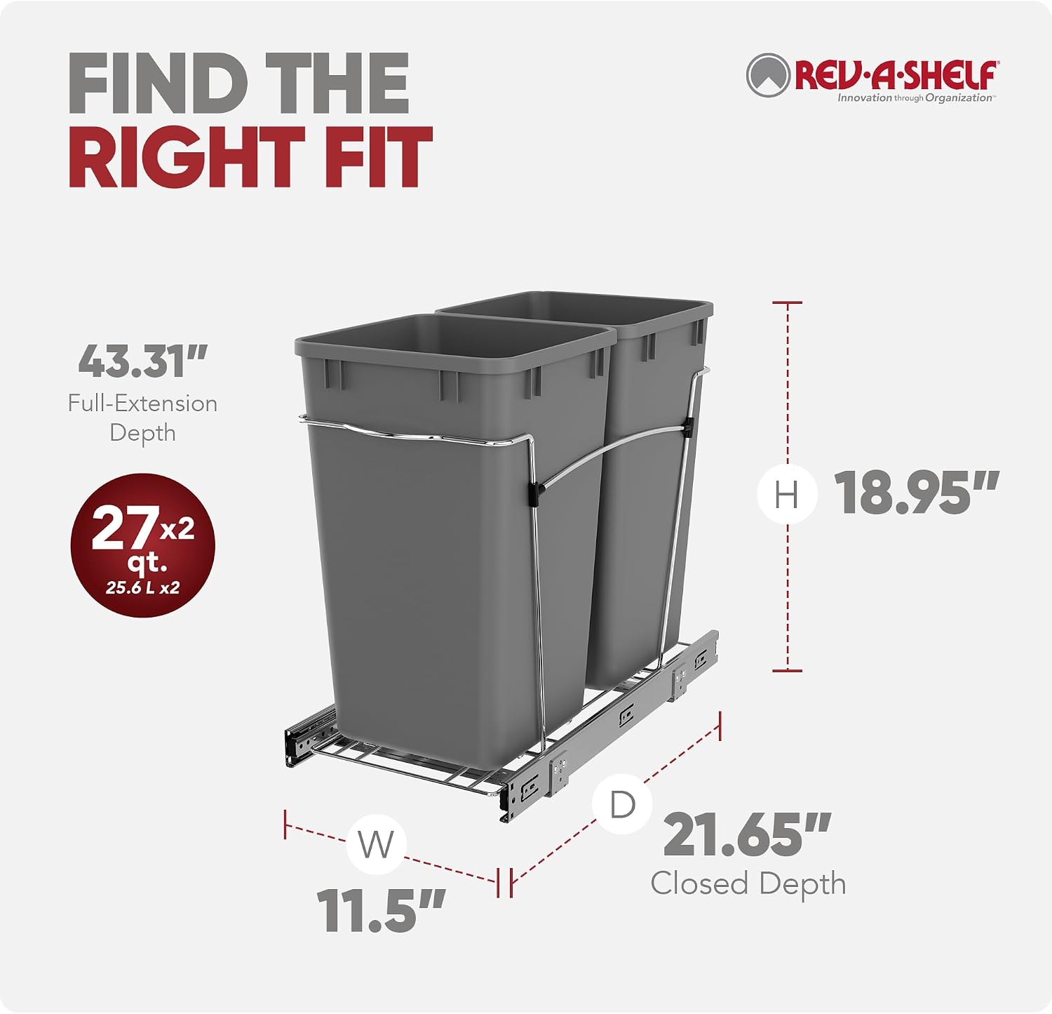 Rev-A-Shelf Double 27 Qt Pullout Trash Can for Base Kitchen Cabinets, Garbage Waste Bin System with Full Extension Slides, Min Opening Width of 11.5", Metallic Silver, RV-15KD-17C S