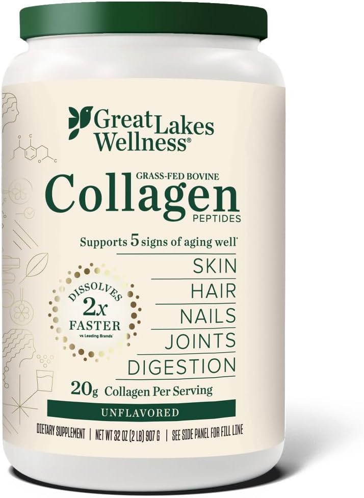 Great Lakes Wellness Collagen Peptides Powder – Supports Skin, Hair, Nails, Joints & Digestion – Hydrolyzed, Non-GMO, Keto & Kosher – Pure Collagen Protein (16 oz, 22 Servings) Packaging may vary