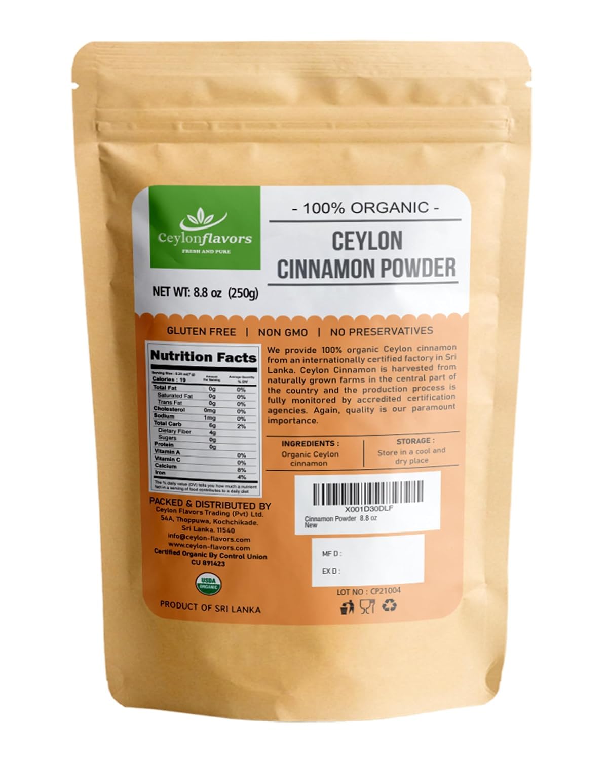 Ceylon Flavors Organic Ceylon Cinnamon Powder, Premium Special Grade, Non GMO, Harvested from a USDA Certified Organic Farm in Sri Lanka (3.5 oz)