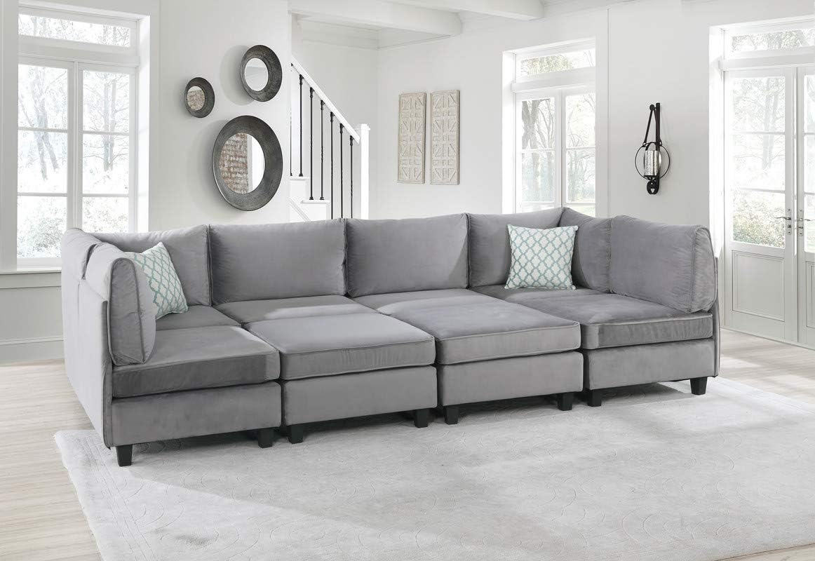 Lilola Home Simona 120-inch Modular Sectional Sofa, Gray Velvet 8-Piece U-Shaped Couch with 2 Ottomans & Accent Pillows