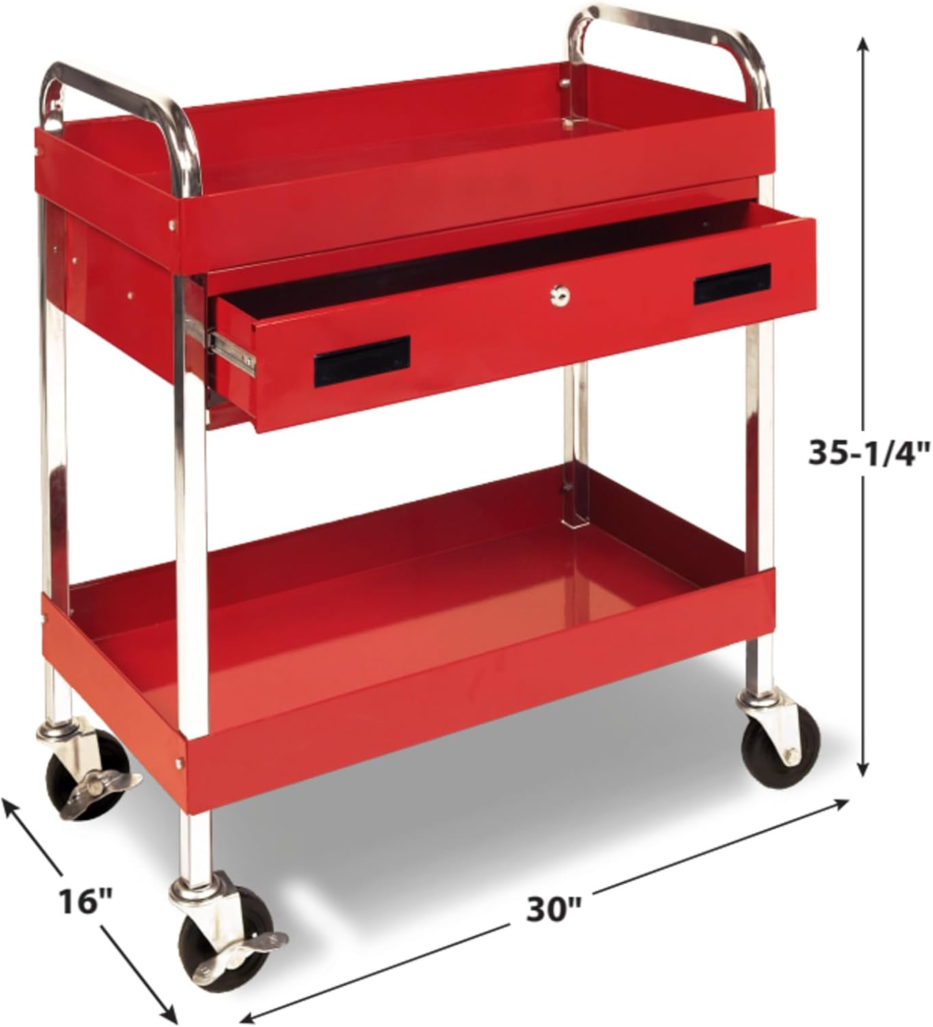 Performance Tool W54004 Two-Shelf Utility Cart with Locking Drawer | Red rolling tiered storage cart with wheels. 350 lb load capacity. Swivel casters. 28x16 inch deep shelves