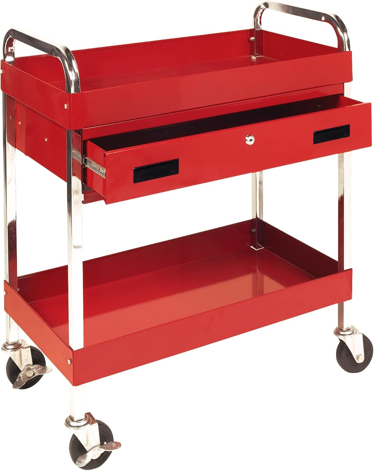 Performance Tool W54004 Two-Shelf Utility Cart with Locking Drawer | Red rolling tiered storage cart with wheels. 350 lb load capacity. Swivel casters. 28x16 inch deep shelves