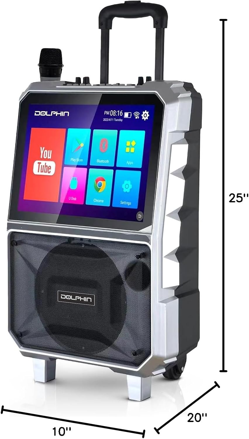 Dolphin KB-85R Karaoke Machine with Wireless Microphone, 8" Woofer | 14" Tablet, 100W RMS, 5400mAh Battery, Bluetooth, HDMI Output, USB, SD, FM