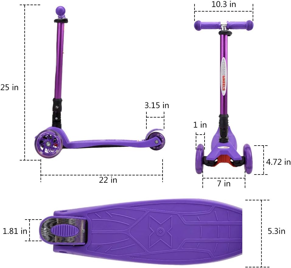 ChromeWheels Foldable Scooters for Kids, Deluxe Kick Scooter 4 Adjustable Height 132lbs Weight Limit 3 Wheel, Lean to Steer LED Light Up Wheels