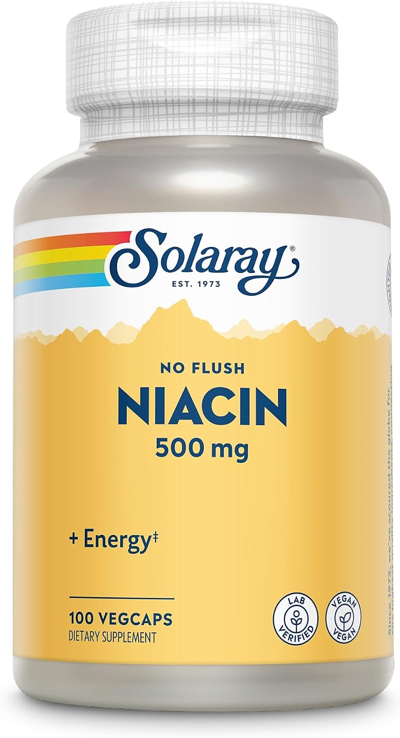 SOLARAY No Flush Niacin 500mg, Flush-Free Vitamin B3 Niacin, Energy and Circulatory System Support, Vegan, Lab Verified, 100 Servings, 100 VegCaps