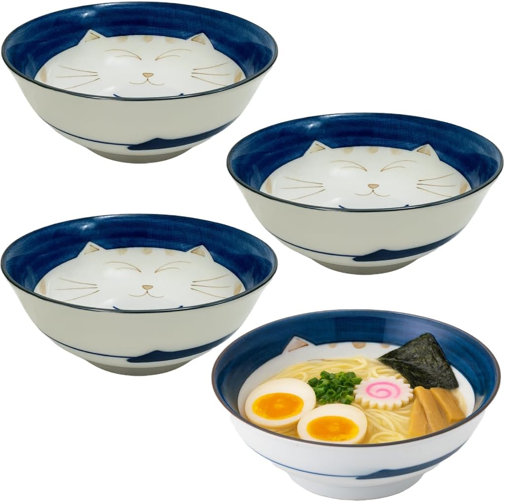 JapanBargain Set of 2 Japanese Porcelain Bowls, Large 7.5 Inch Ramen Udon Noodle Rice Soup Pho Poke Cereal Bowl, Maneki Neko Smiling Lucky Cat Pattern