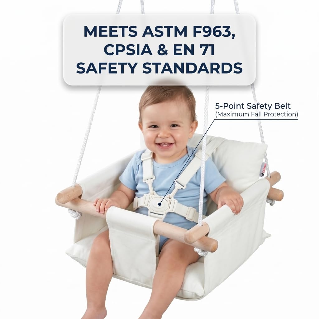 CaTeam Canvas Baby Swing Seat with 5-Point Safety Belt — Wooden Hanging Toddler Swing, Indoor & Outdoor, Ages 1-4, Ceiling Mount Hardware Included