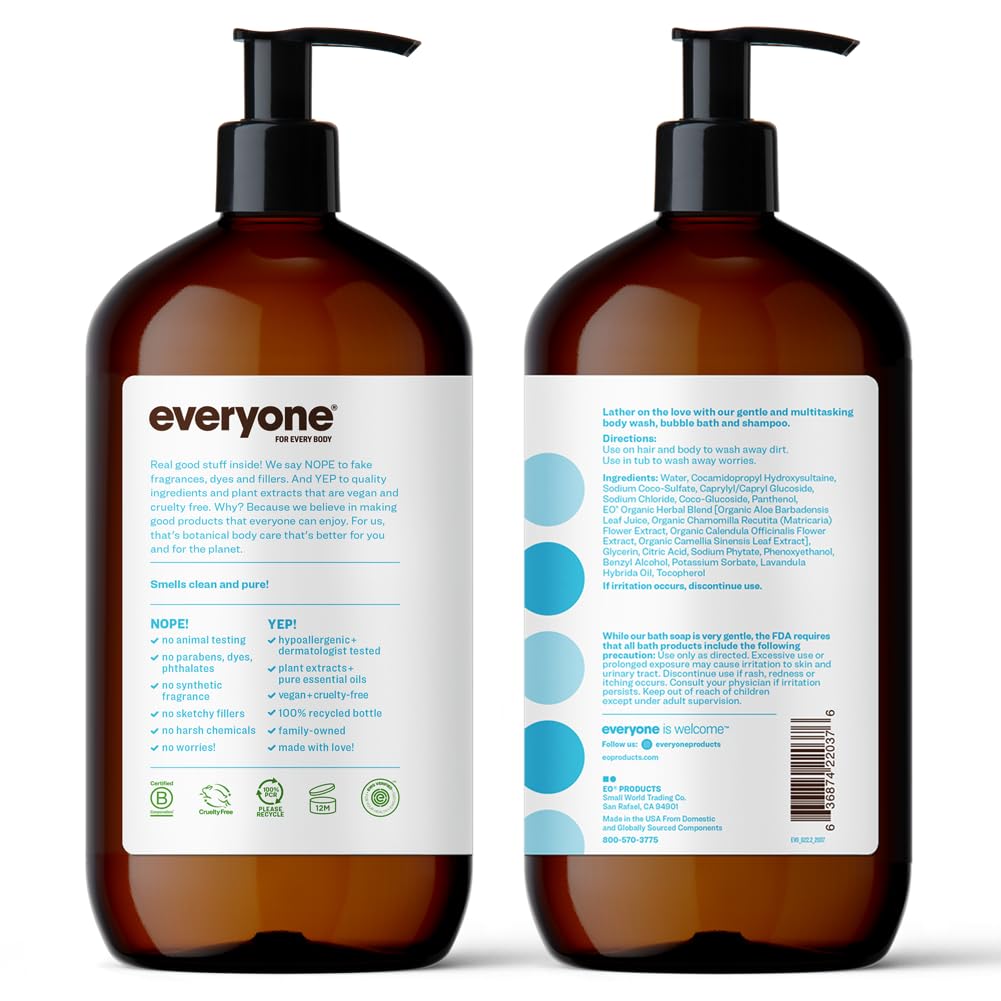 Everyone 3-in-1 Soap Body Wash Bubble Bath Shampoo Coconut Lemon 32oz 2pk | Natural essential oil formula | body wash | shampoo | bubble bath in one | coconut lemon scent | bulk value 2-pack