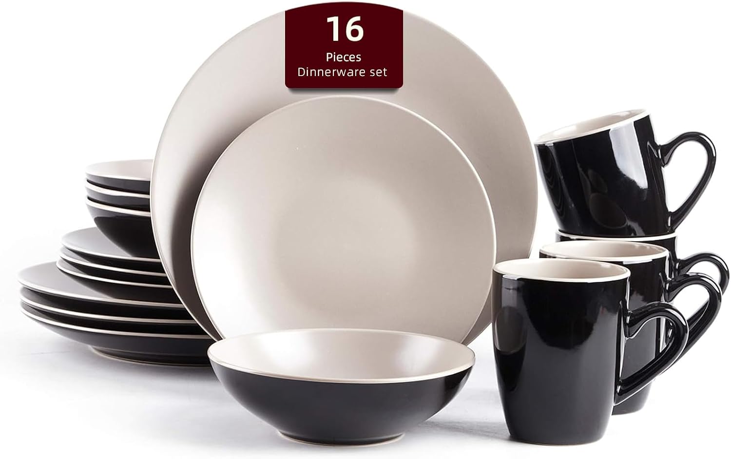 Stoneware Two-Tone Colors Life 16pc Dinner Set，Outside Shiny Black + Inside Matte Glaze Olive