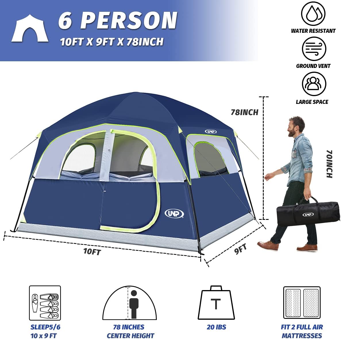 UNP 6 Person Tents for Camping Waterproof Family Cabin Tent with Rainfly