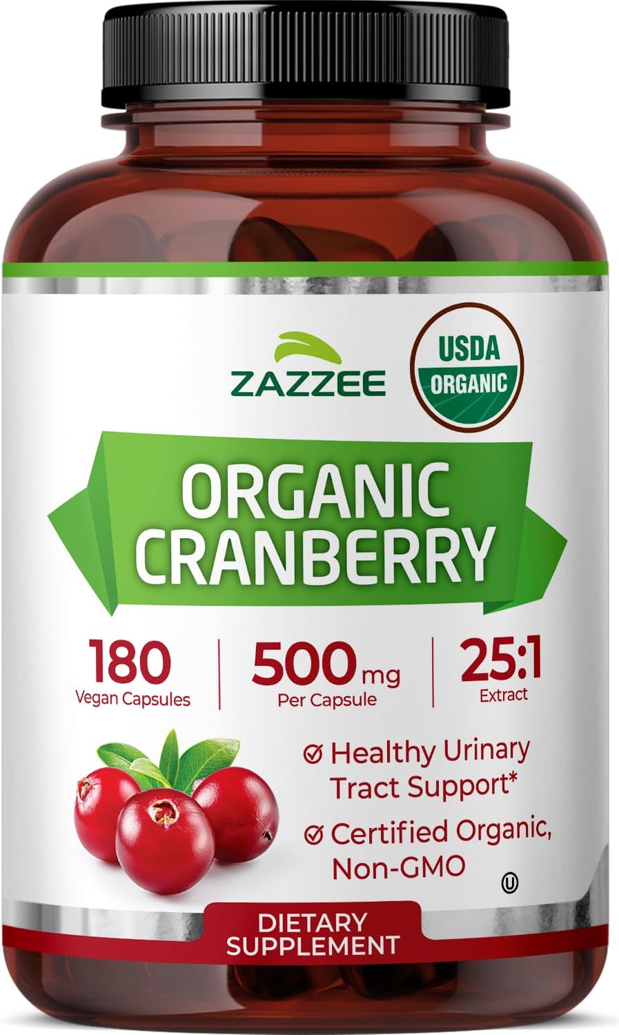Zazzee USDA Organic Cranberry 25:1 Extract, 500mg per Capsule, 100 Capsules | Vegan, 3+ Month Supply, Certified Kosher, Vaccinium Macrocarpon, Non-GMO, Made in the USA