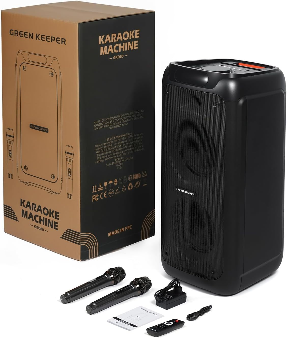 GKD80 Karaoke Machine for Adults with 2 Wireless UHF Microphone, 600W Peak Bluetooth Speaker with Dual 8'' Subwoofers