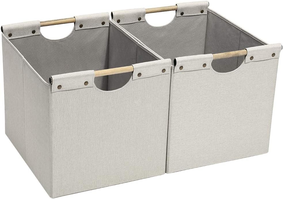HOONEX Large Collapsible Storage Bins, Linen Fabric, 2 Pack, Storage Baskets with Wooden Carry Handles and Sturdy Heavy Cardboard, for Home, Office