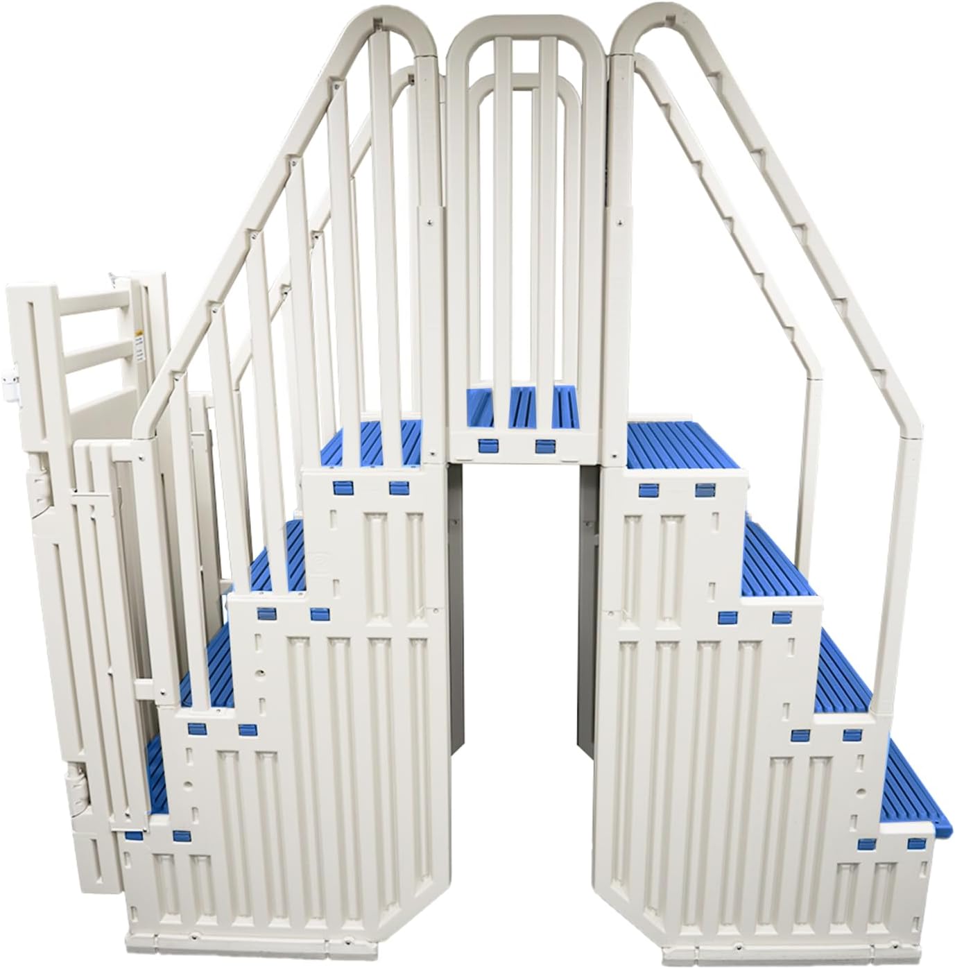 Confer Entry System for Above Ground Pools | White Frame with Blue Steps | All Resin Bridge System with Handrails and Gate