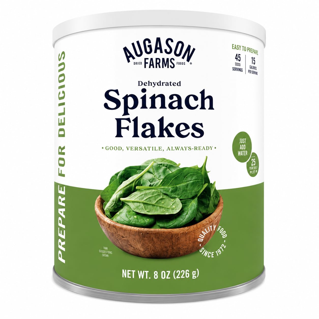 Augason Farms Dehydrated Spinach Flakes Can | Emergency Food Supply, 45 Servings, 25 Year Shelf Life, 15 Calories per Serving, Dehydrated Meals