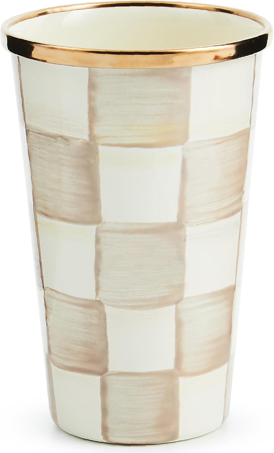 MACKENZIE-CHILDS Enamel Tumbler, Black-and-White Courtly Check | Hand-painted design, elegant drinkware with gold rim, 2.75" dia. x 4.5" H, 10-ounce capacity