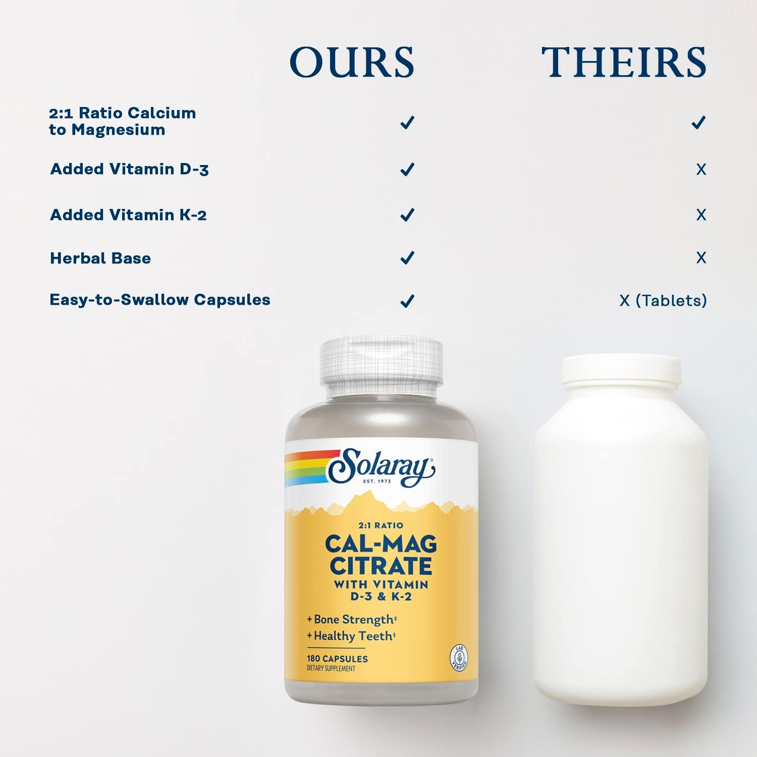SOLARAY Calcium Magnesium Citrate 2:1 with Vitamin D3 K2, 180 Capsules | Bone, Heart