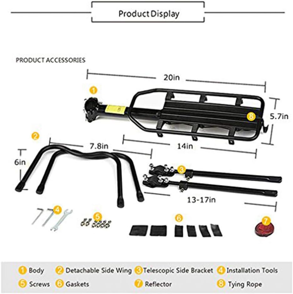 HOMEE Rear Bike Rack, Bike Cargo Racks Frame for 26"-29" Frames | Aluminum Alloy Universal Adjustable Cycling Equipment Stand Footstock Bicycle Luggage Carrier with Tools and Reflector