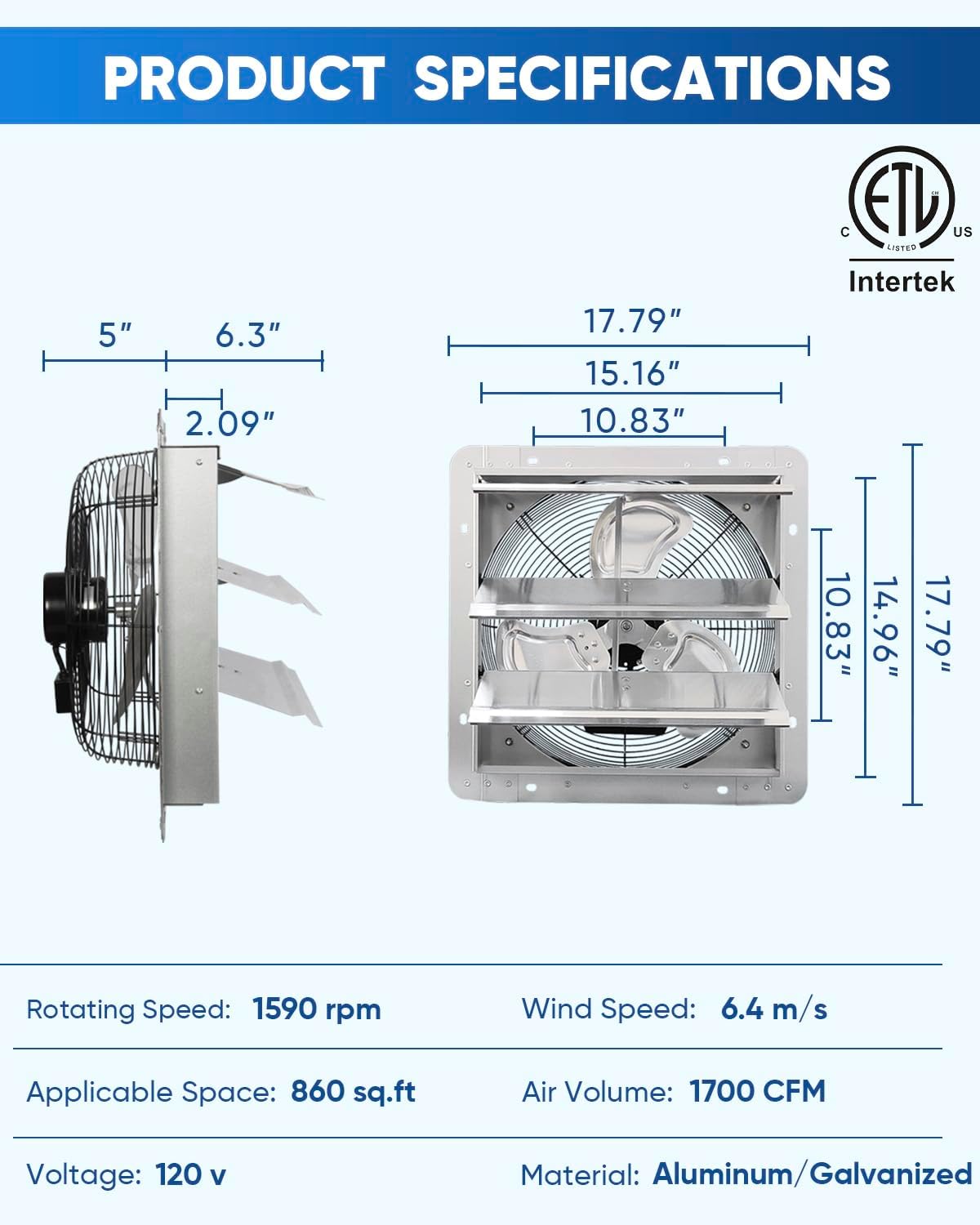 KEN BROWN 12 Inch Shutter Exhaust Fan Wall Mounted, Aluminum with 1.65 Meters Power Cord Kit, High Speed 1450CFM, Vent fan for Commercial, Greenhouse