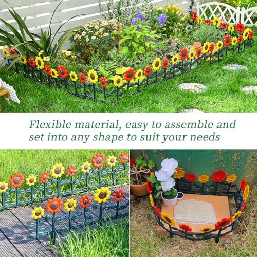 Sungmor Plastic Garden Picket Fence Edging, Sunflower Decor Lawn Flower Bed Border Panels, 4 Pack Total 98 Inches Length