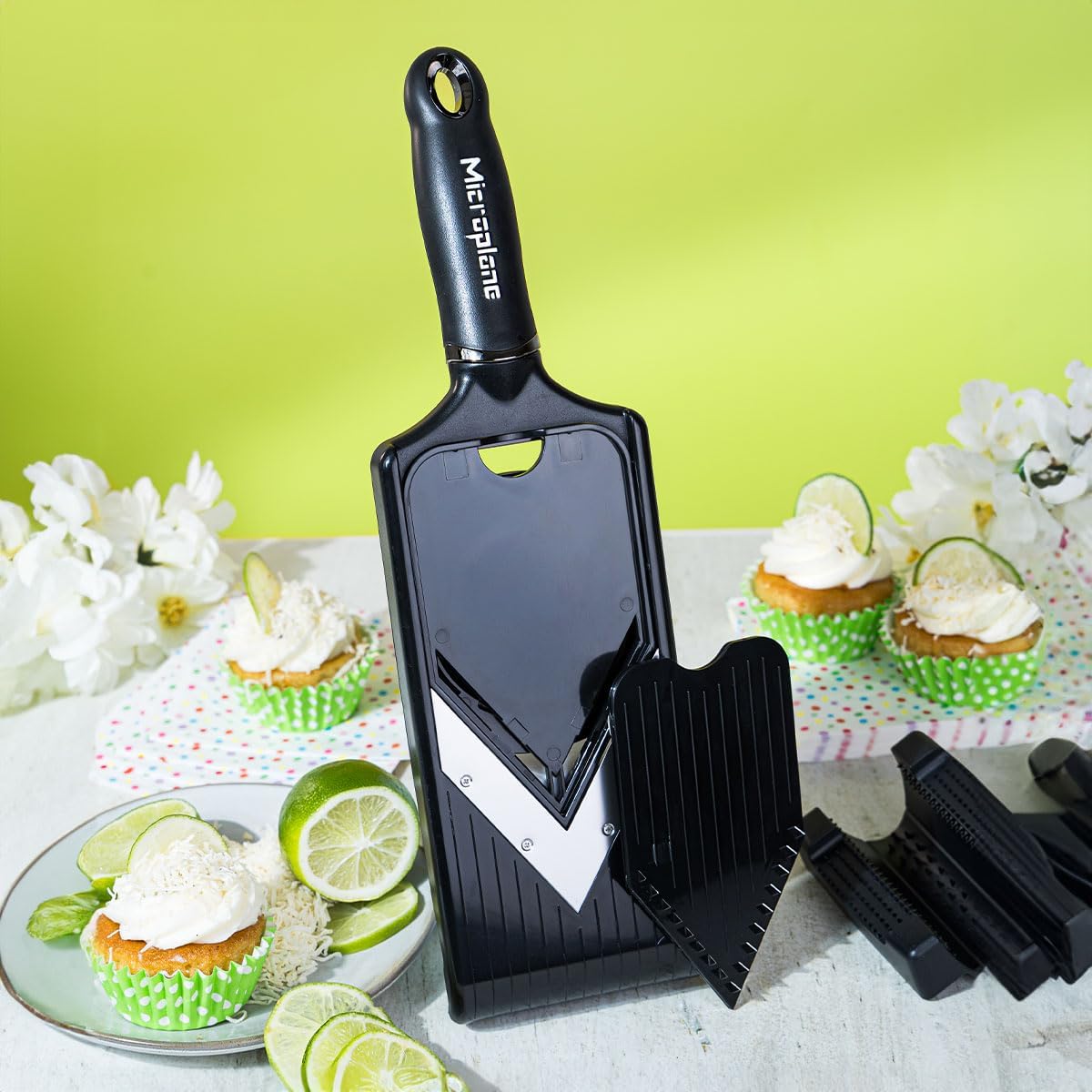Microplane Adjustable Mandoline Slicer with V-Blade and Julienne Stainless Steel Blades, Handheld Mandoline for Potatoes, Carrots and Other Vegetables
