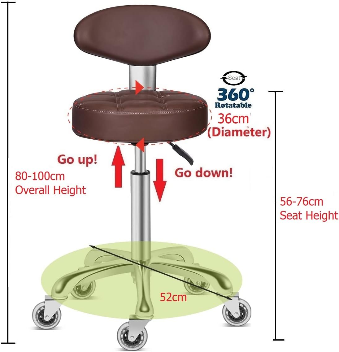 Kaleurrier Rolling Stool with Back Rest: Swivel Chair Adjustable Height