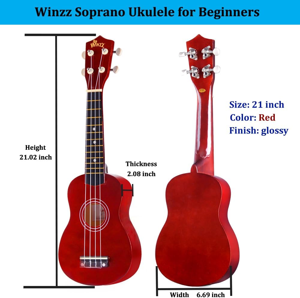 Winzz Soprano Ukulele Starter Kit For Beginners with Bag, Clip-On Tuner, Extra Strings, Strap, Plectrum, Fret Stickers, Chords Card, Polishing Cloth, Black