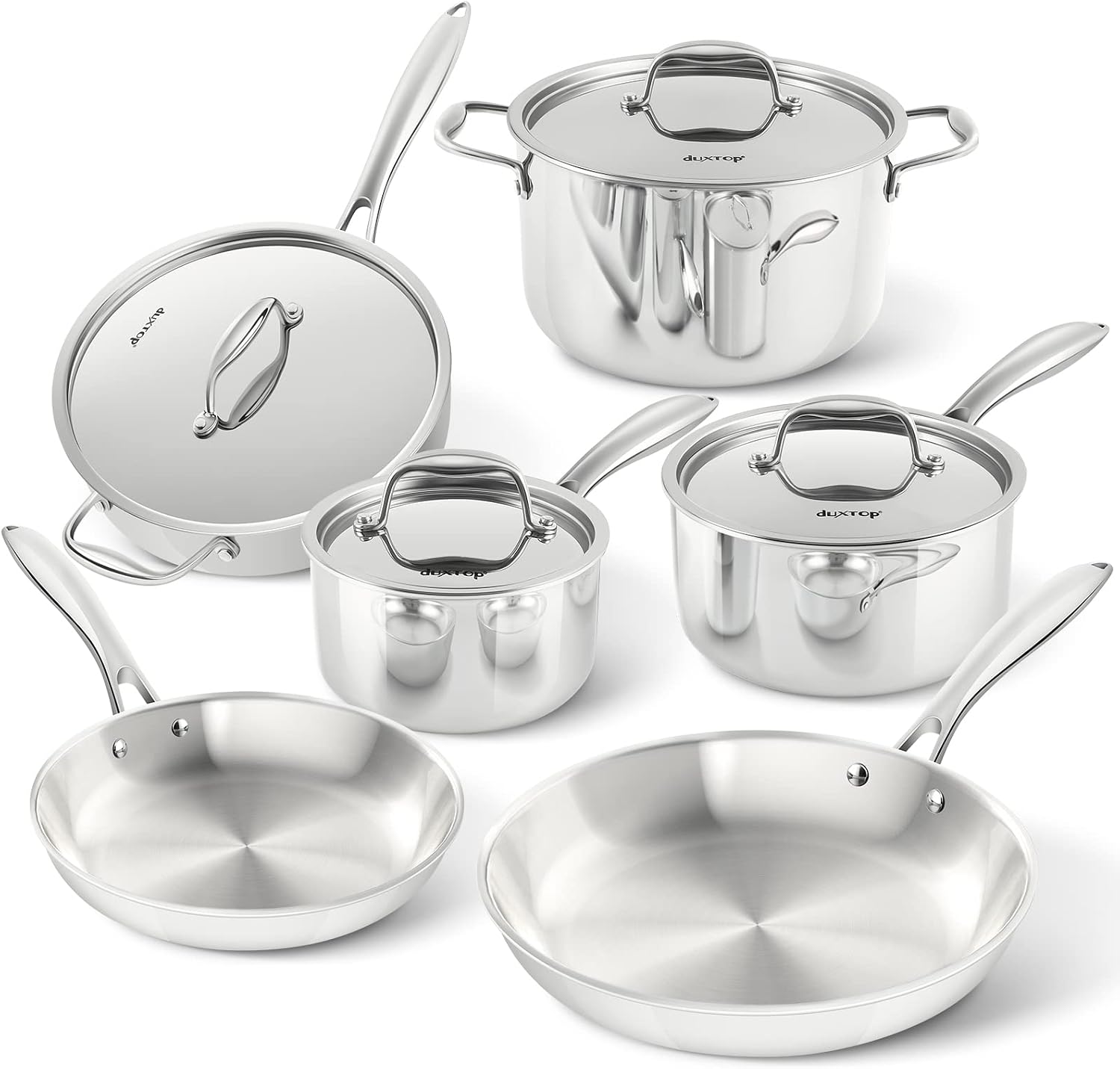 Duxtop Tri-Ply Stainless Steel Induction Cookware, 10PC Pots and Pans Set | Whole Clad 3-Layer Steel, Family Cookware Set, Even Heating