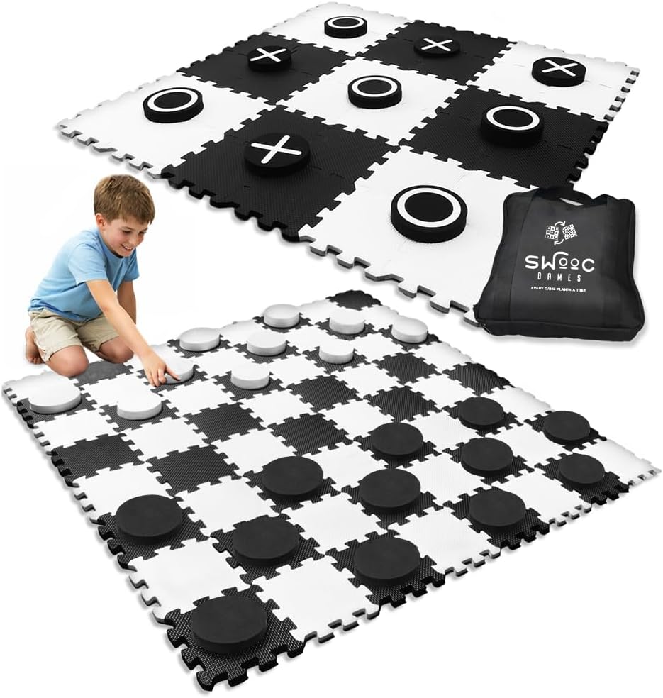 Swooc Games® - 2-in-1 Premium Giant Checkers & Tic Tac Toe Game (4ft x 4ft) - 100% High Density EVA Foam Mat & Pieces - Extra Large Checkers Set