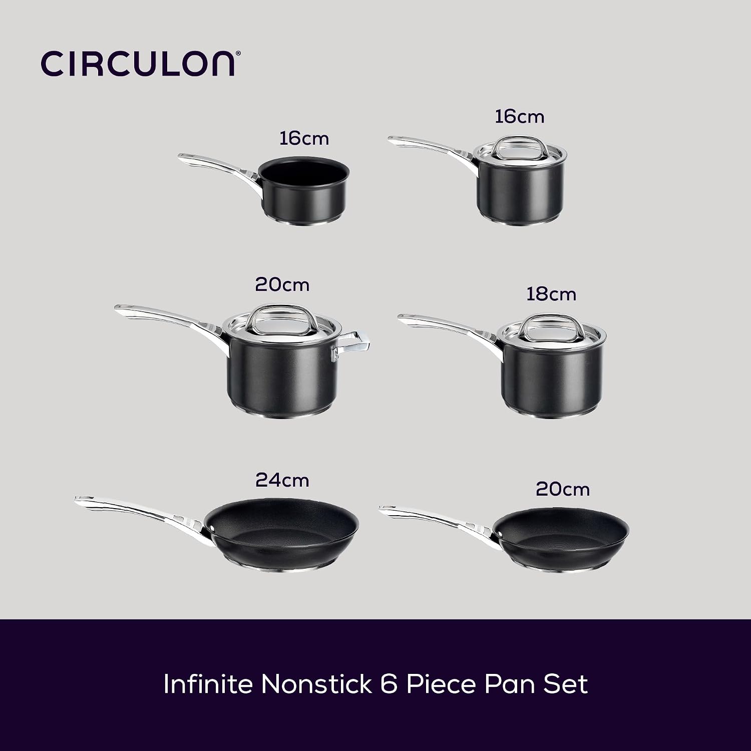 Circulon Infinite Induction Hob Pan Set of 6 - Non Stick Pots and Pans Sets with Stainless Steel Lids & Handles, Premium Dishwasher Safe Cookware