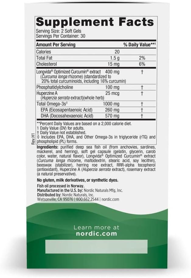 Nordic Naturals Memory Support with Curcumin - 60 Soft Gels - 1000 mg Omega-3 + 400 mg Optimized Curcumin - Memory
