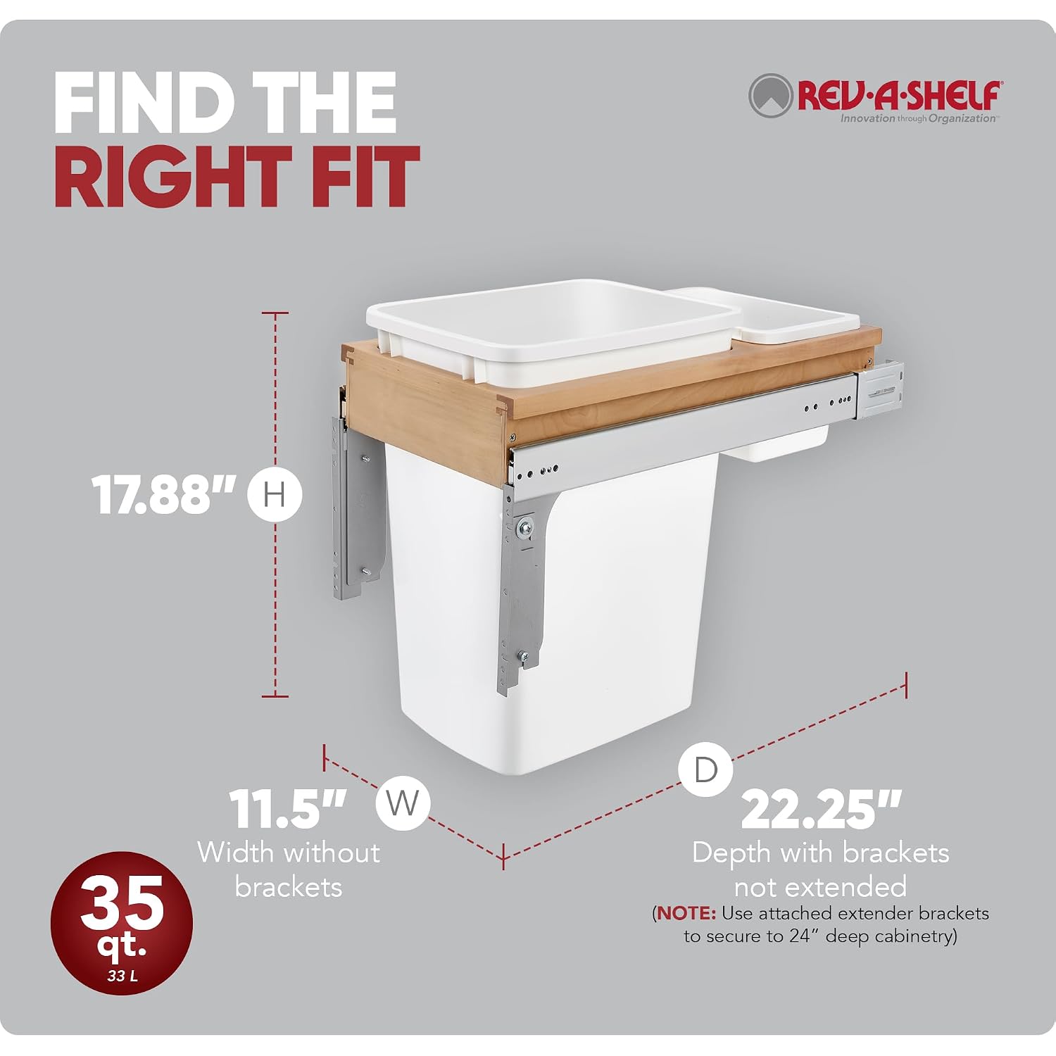 Rev-A-Shelf 35 Qt Top Mount Double Pullout Under Cabinet Kitchen Trash Cans for Base Cabinets, 150 Pound Rated Full-Extension Slides, Min Opening Width of 14.75", White, 4WCTM-18DM2-162