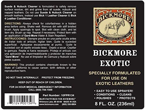 Bickmore Exotic Leather Cleaner & Conditioner for Exotic Skins and Leathers | One step preserves material and natural sheen on alligator, ostrich, lizard and stingray hides.