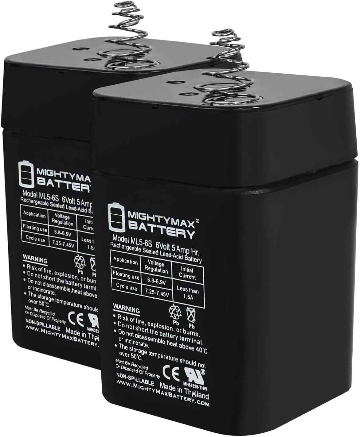 ML5-6S -6 Volt 5 AH, Spring S2 Terminal, Rechargeable SLA AGM Battery