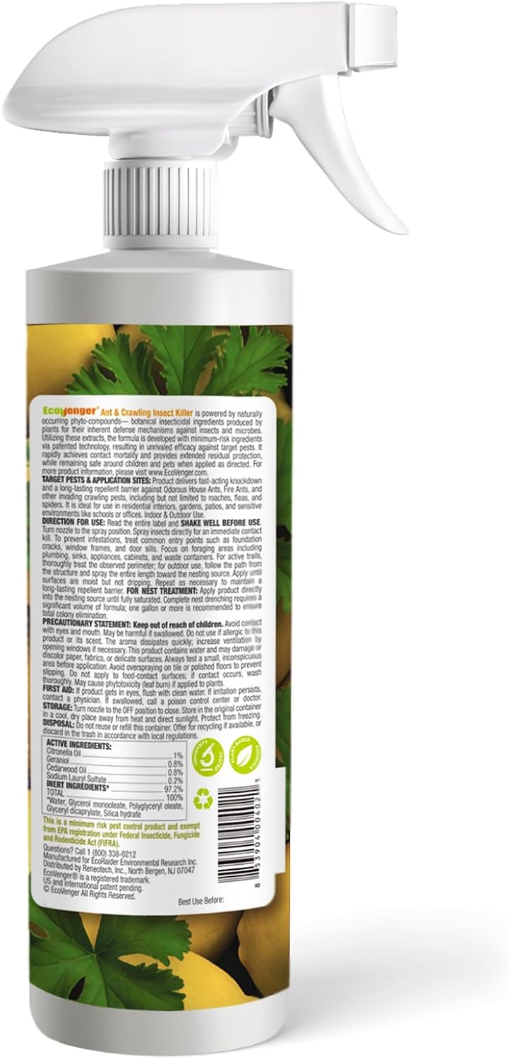EcoVenger By EcoRaider Ant Killer & Crawling Insect Killer, 16 OZ Ready to Use, Indoor & Outdoor, Kills & Repels, Lasting Prevention, Natural & Non-Toxic Plant Based Formula, Pleasant Citrus Scent