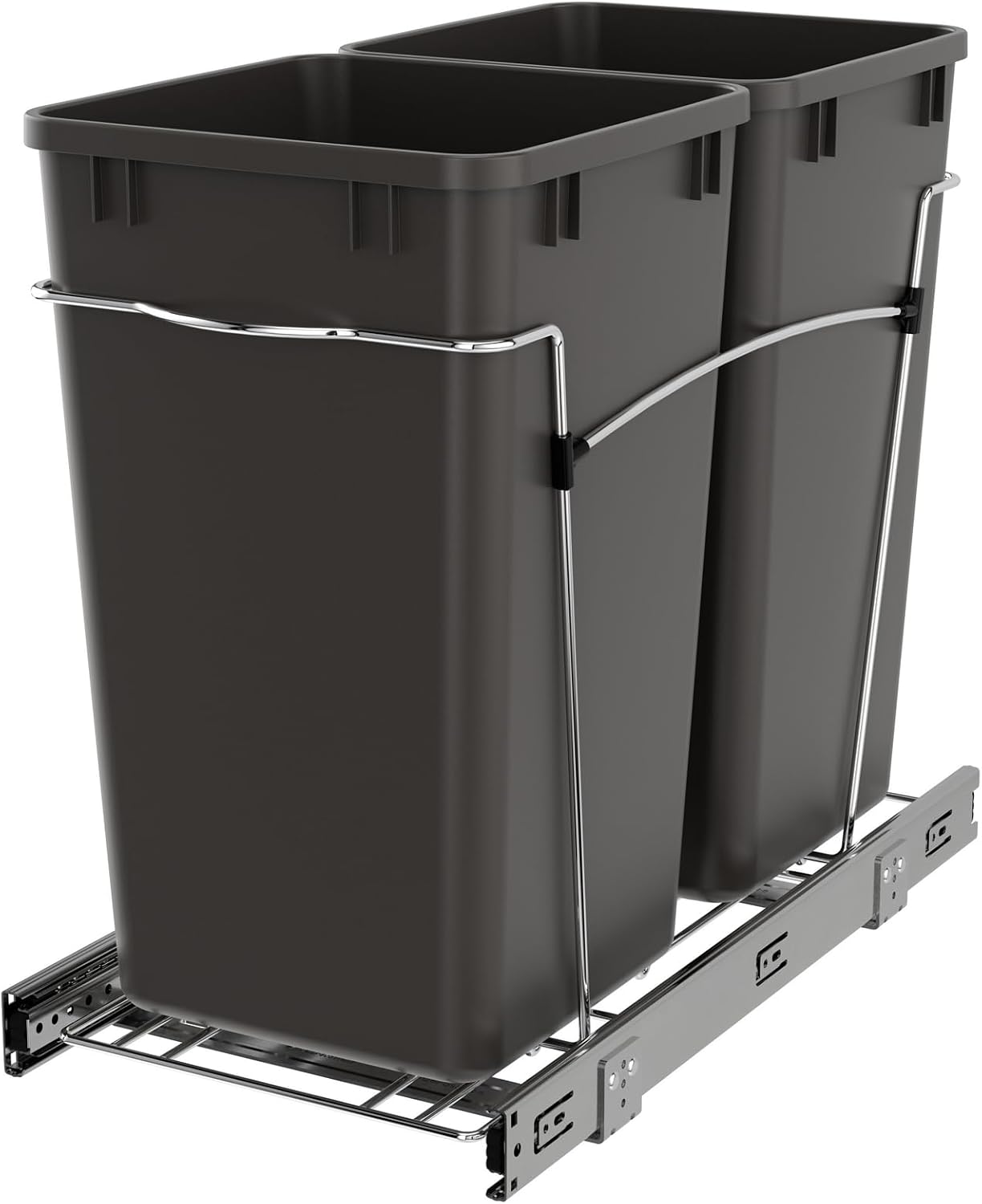 Rev-A-Shelf Double 27 Qt Pullout Trash Can for Base Kitchen Cabinets, Garbage Waste Bin System with Full Extension Slides, Min Opening Width of 11.5", Metallic Silver, RV-15KD-17C S