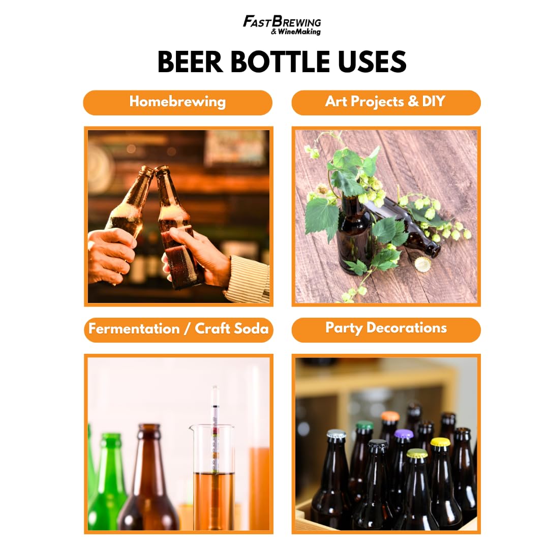 FastRack Amber Beer Bottles 12oz (Pack of 48) | Longneck Glass Beer Bottles with Pry-off Crown Finish for Home Brewing Mead