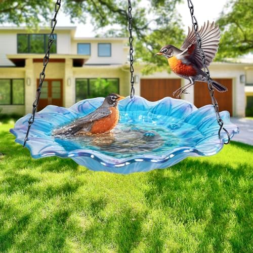 VCUTEKA Hanging Bird Baths Outdoor Glass Birdbath Feeder for Garden Decor
