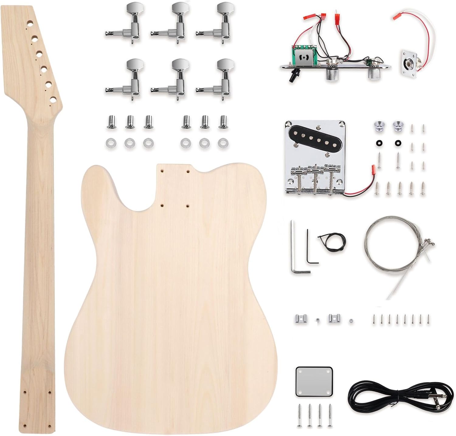 DIY Electric Guitar Kit Beginner Kit TL Style 6 String Right Hand | Basswood Body with Ash Burl Top, Hard Maple Neck, Engineered Wood Fretboard