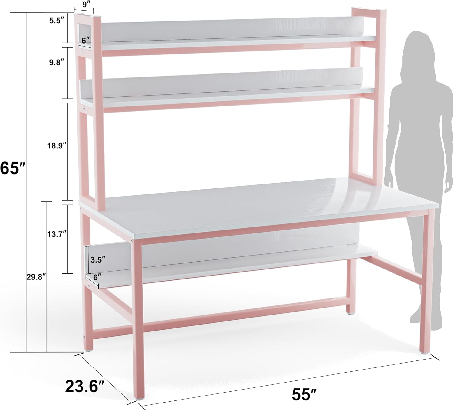 Aquzee Computer Desk with Shelves, 47" W x 23.6" D Gaming Desk with Hutch and Bookshelf