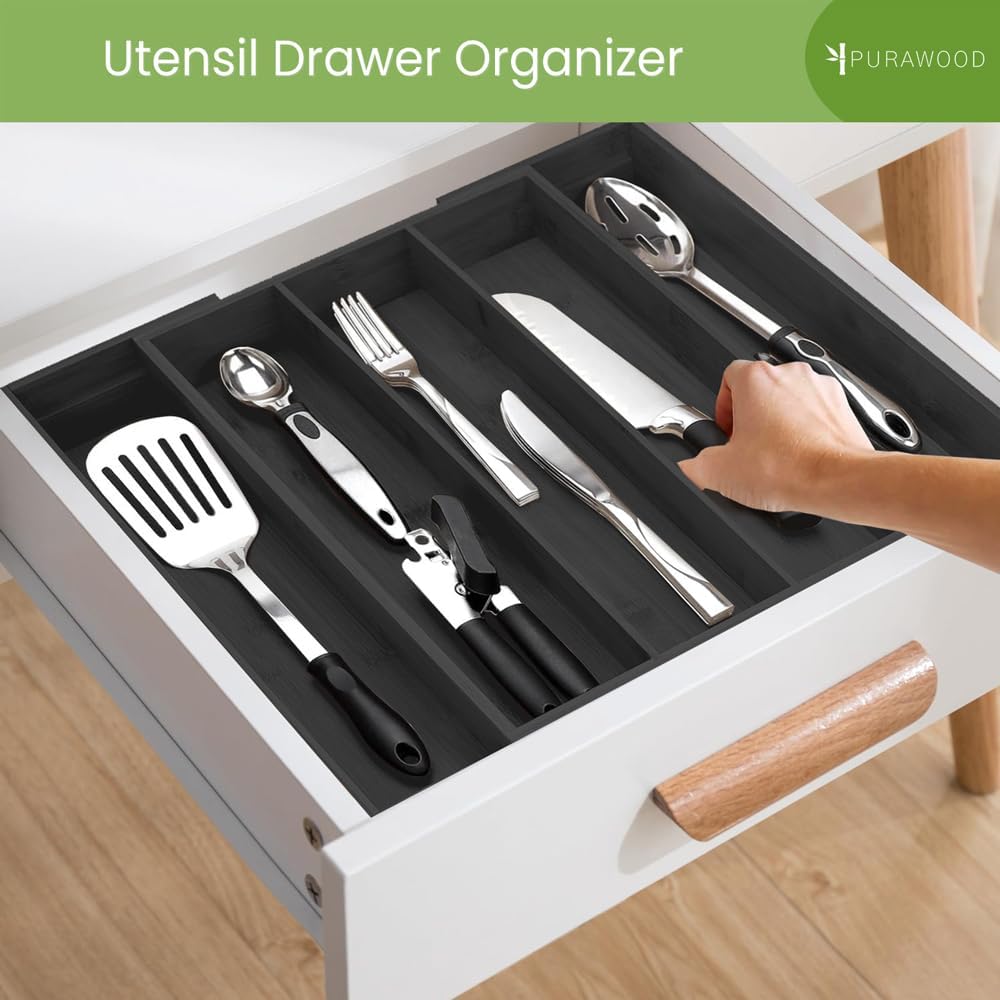 Purawood Kitchen Drawer Organizer - Expandable Utensil Drawer Organizer for Kitchen, Cutlery Tray & Silverware Organizer