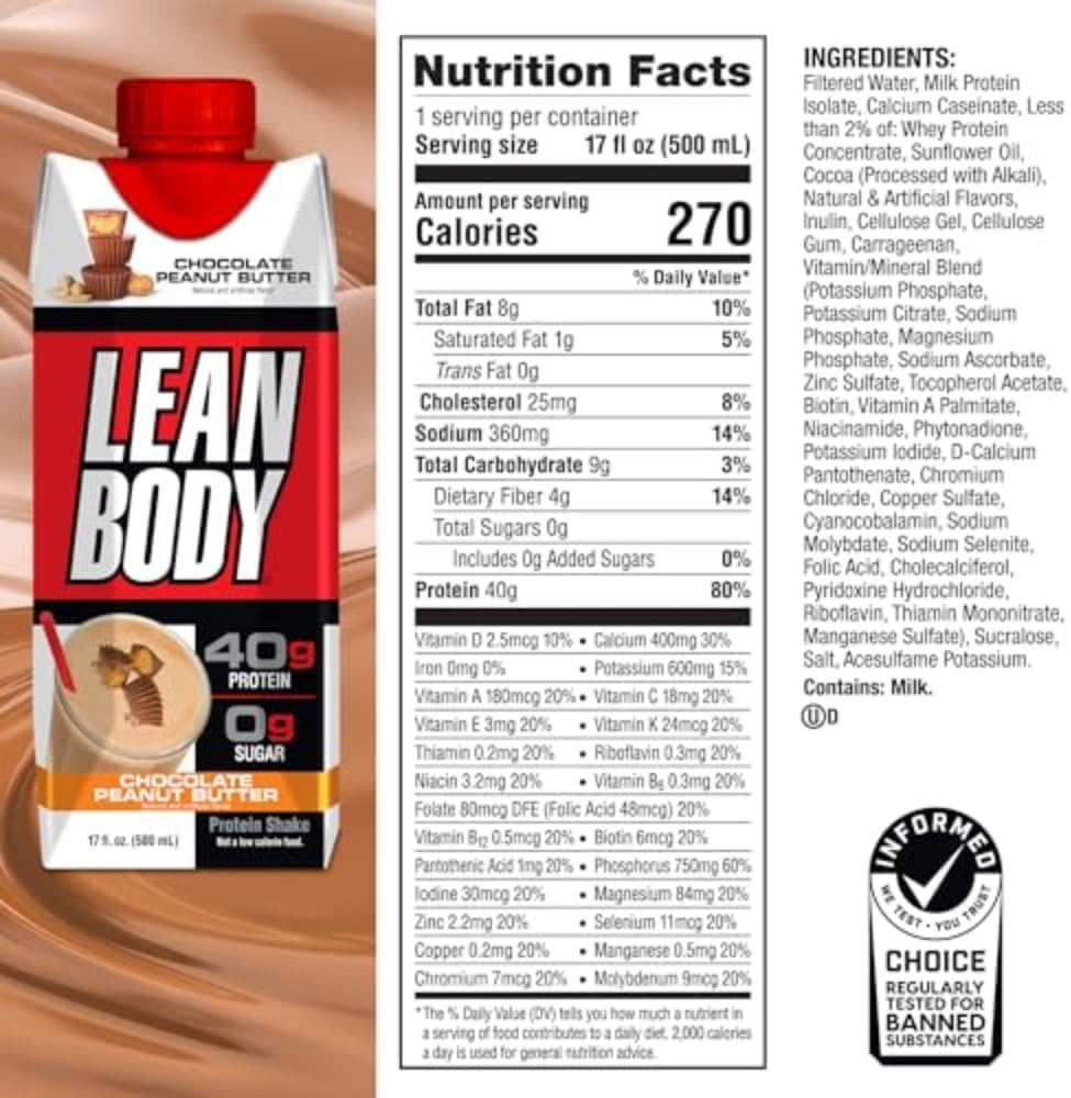 Labrada Lean Body Ready-to-Drink Chocolate Protein Shake, 40g Protein, Whey Blend, 0 Sugar, Gluten Free, 22 Vitamins & Minerals, LABRADA, 17 Fl Oz (Pack of 12)